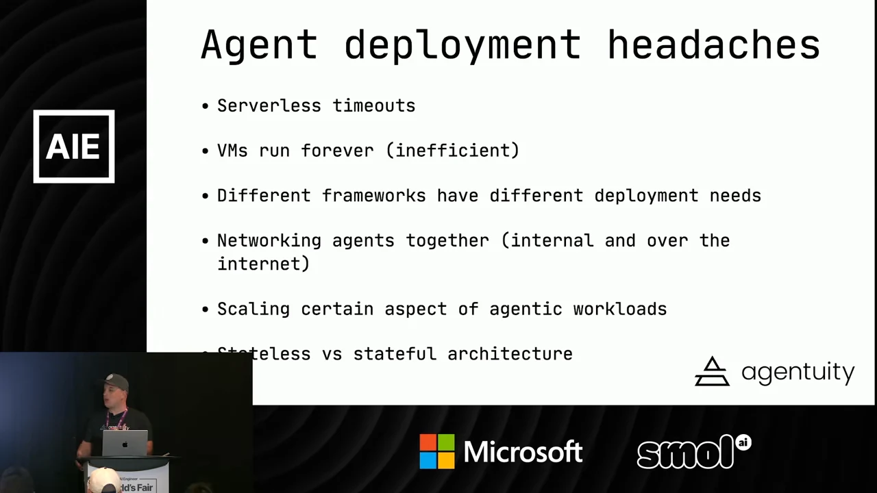 Slide titled “Agent deployment headaches” lists six challenges, with a presenter inset partly covering the final bullet.