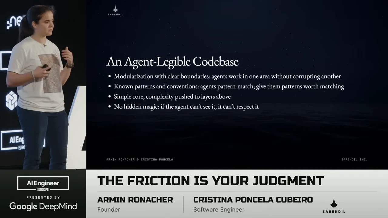 An Agent-Legible Codebase slide lists modularization with clear boundaries, known patterns and conventions, a simple core with complexity in layers above, and no hidden magic.