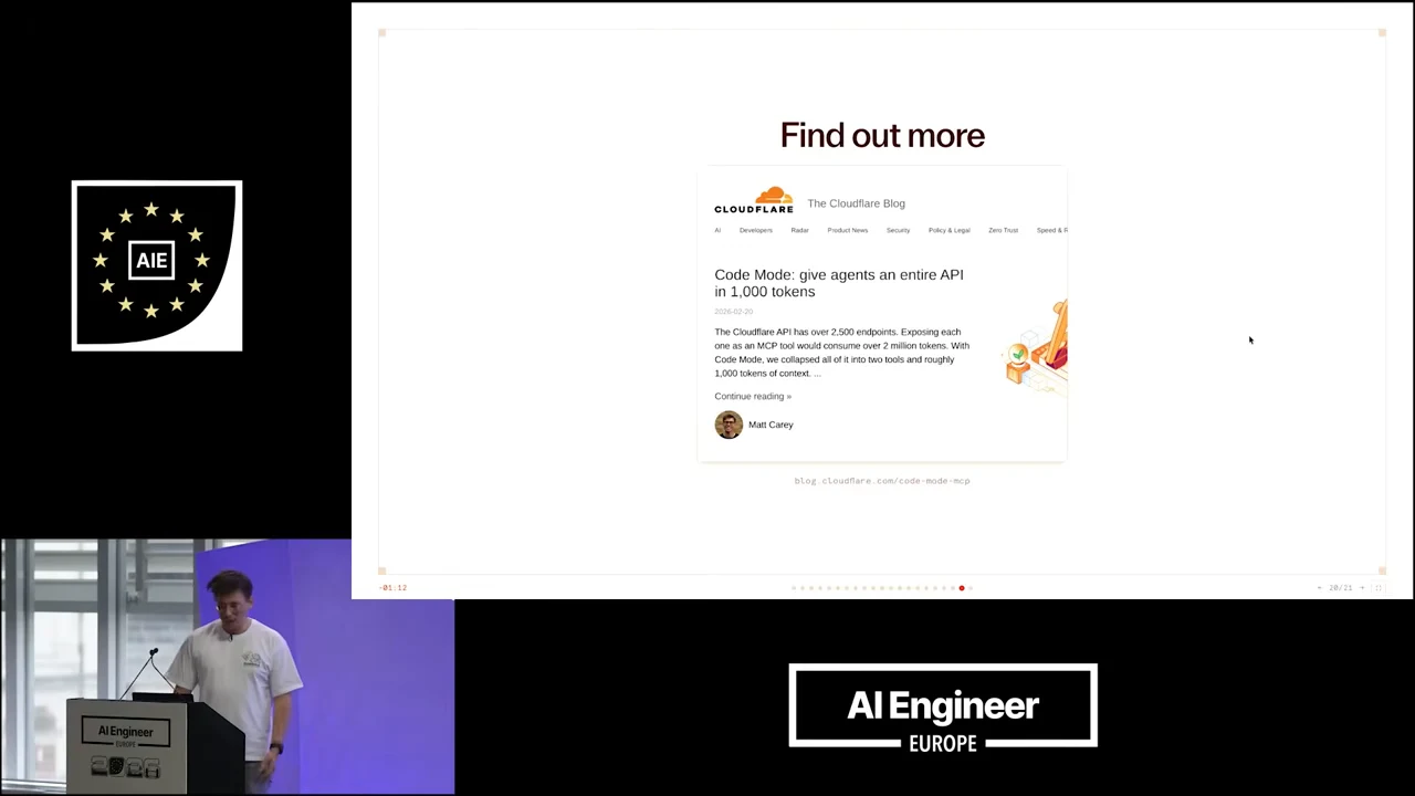 Find out more slide displaying a Cloudflare Blog article titled Code Mode: give agents an entire API in 1,000 tokens.