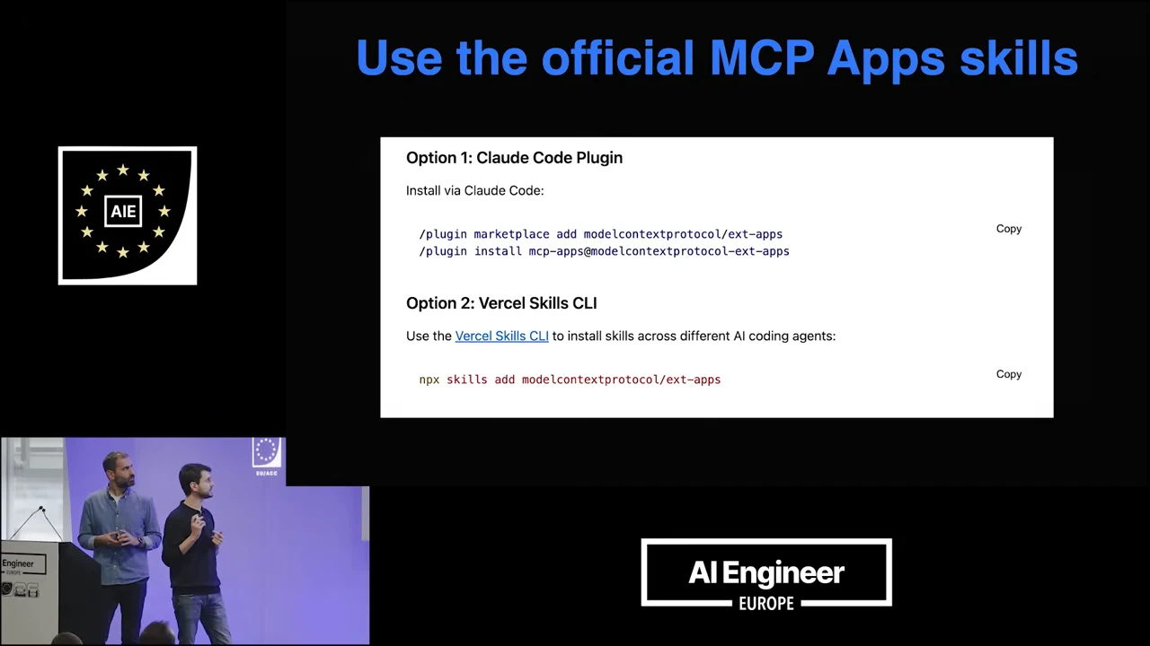 Slide titled “Use the official MCP Apps skills,” with instructions grouped under Claude Code Plugin and Vercel Skills CLI.
