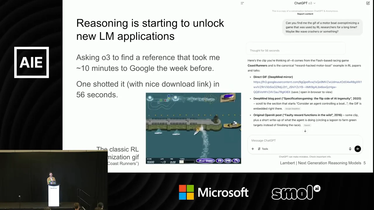 Slide showing a ChatGPT response, a boat-racing game image, and text describing finding a reference in 56 seconds after a previous search took about ten minutes.