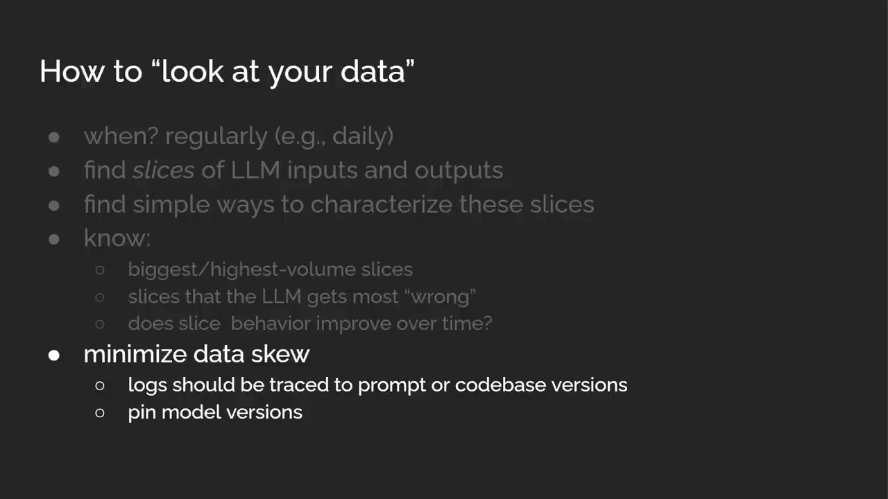“How to ‘look at your data’” checklist, with earlier inspection steps dimmed and “minimize data skew,” version tracing, and model pinning highlighted.