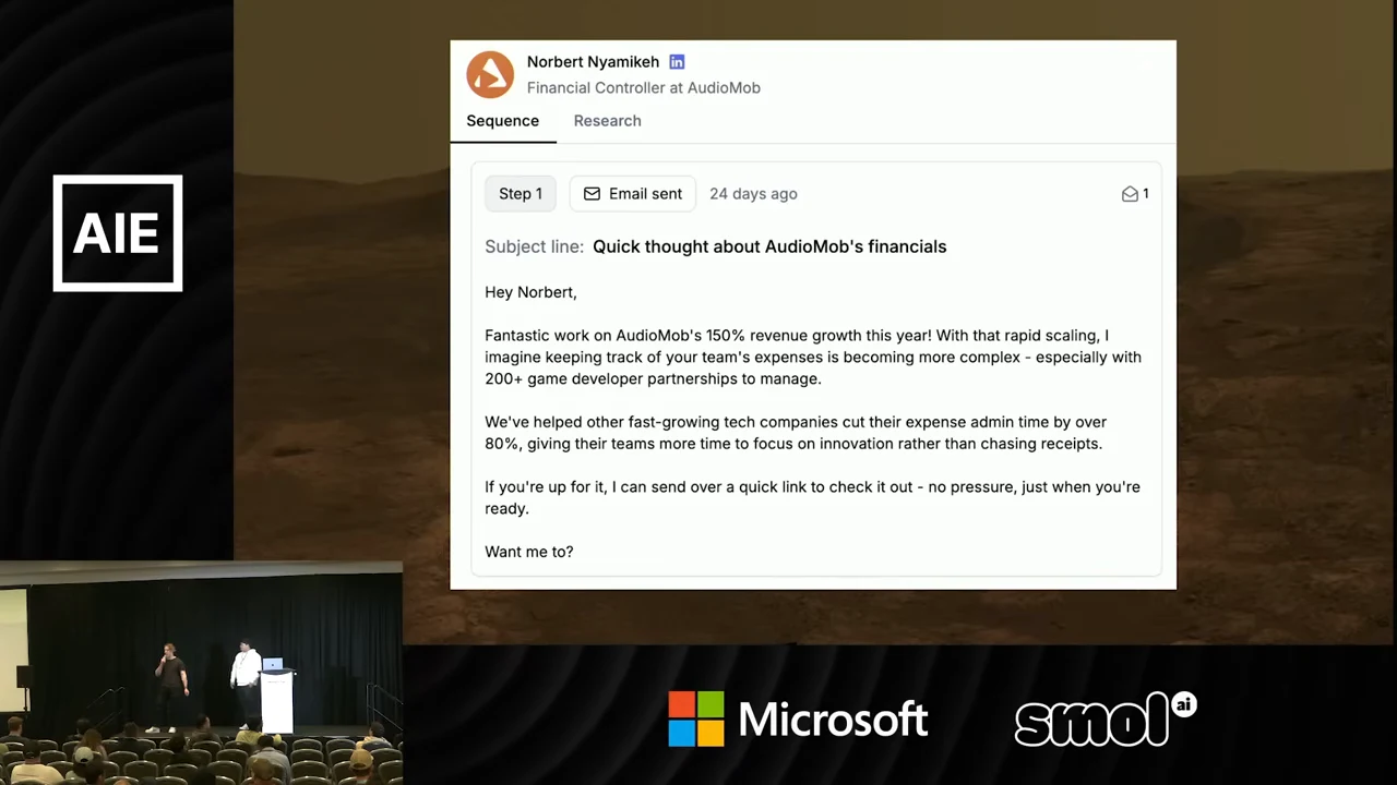 Email interface showing the subject “Quick thought about AudioMob’s financials” and a complete outreach message addressed to Norbert.