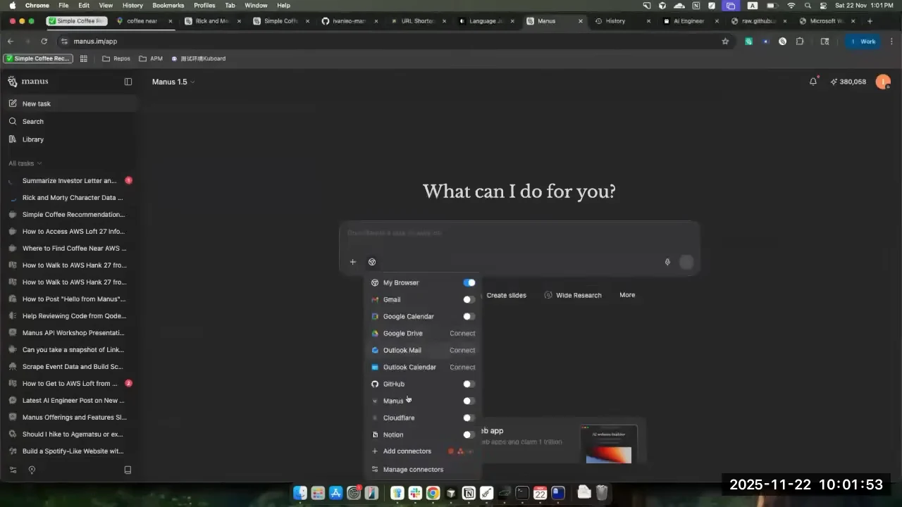 Manus interface with an open connector menu listing services including Gmail, Google Calendar, Google Drive, and Outlook Mail.