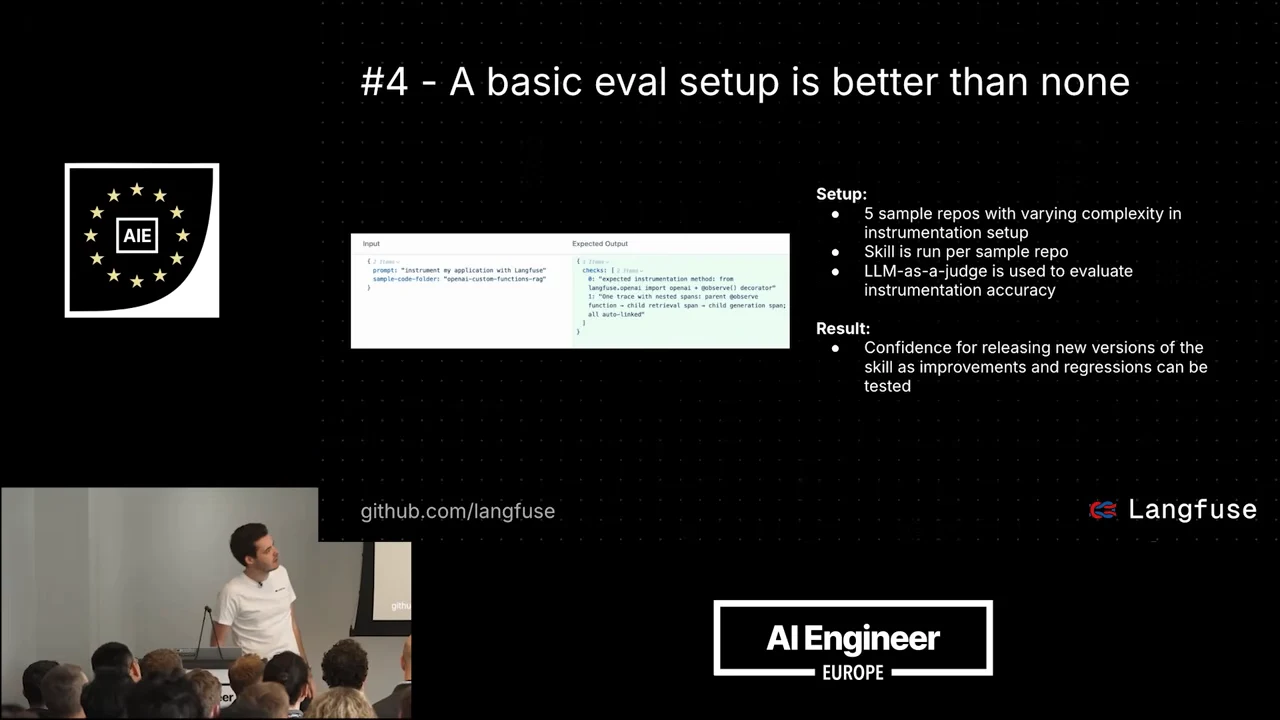 Slide titled “#4 - A basic eval setup is better than none,” showing an input and expected-output example alongside setup and result bullets.