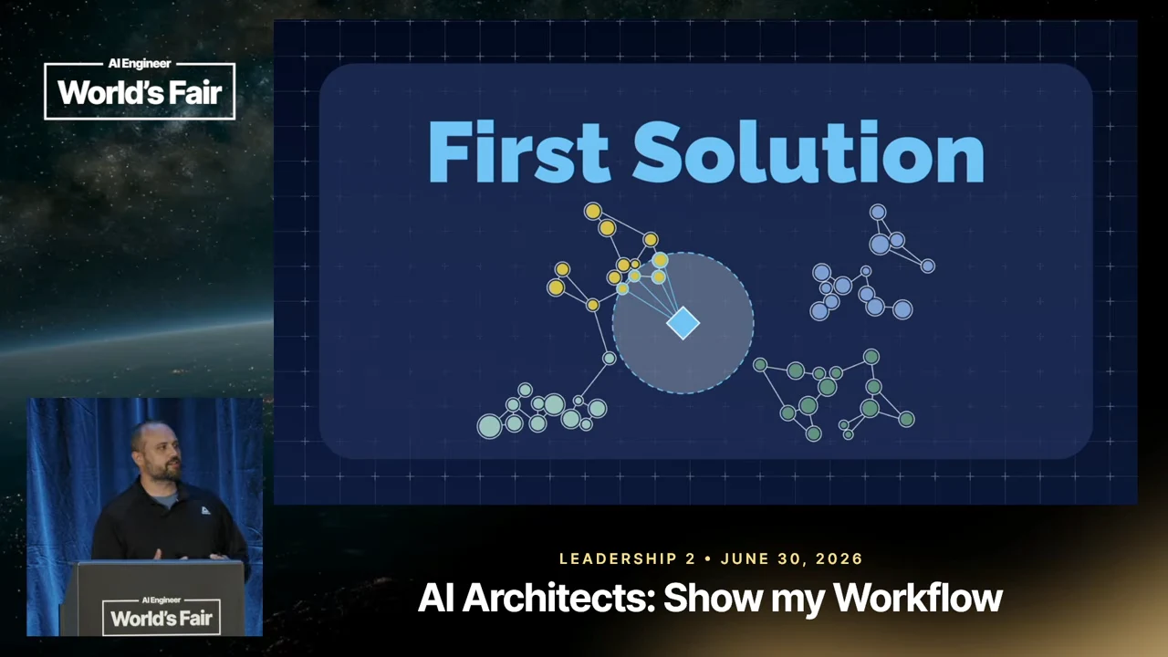 Slide titled “First Solution” showing colored clusters of connected nodes, a blue diamond, and a translucent circle, with the speaker inset at left.