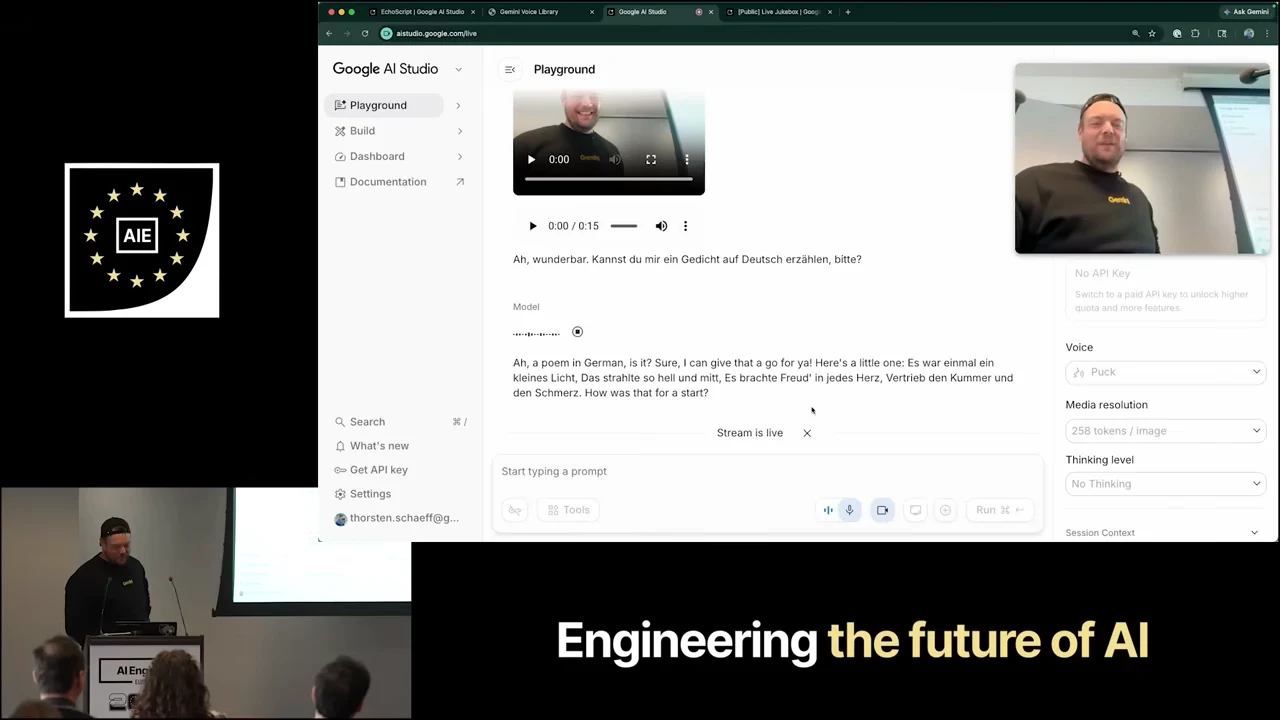 Google AI Studio shows a webcam view, a German request for a poem, and a response containing English introductory text and German verse.