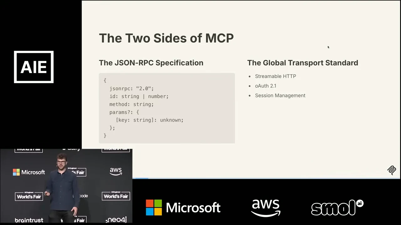 “The Two Sides of MCP” slide pairs a JSON-RPC message structure with Streamable HTTP, OAuth 2.1, and session management.