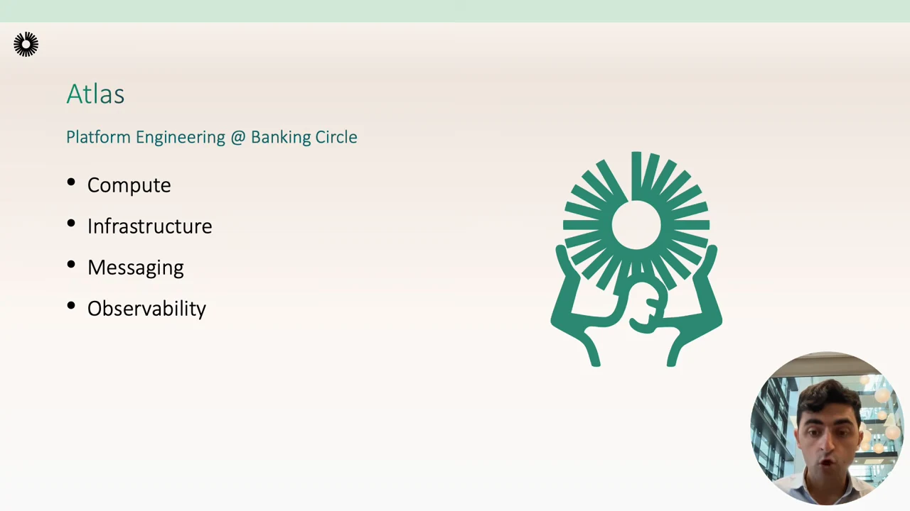 Atlas slide subtitled Platform Engineering @ Banking Circle, listing Compute, Infrastructure, Messaging, and Observability beside a green Atlas illustration.