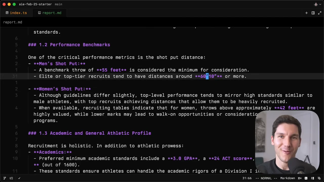 Markdown report displaying men's and women's shot put performance benchmarks followed by an Academic and General Athletic Profile section.