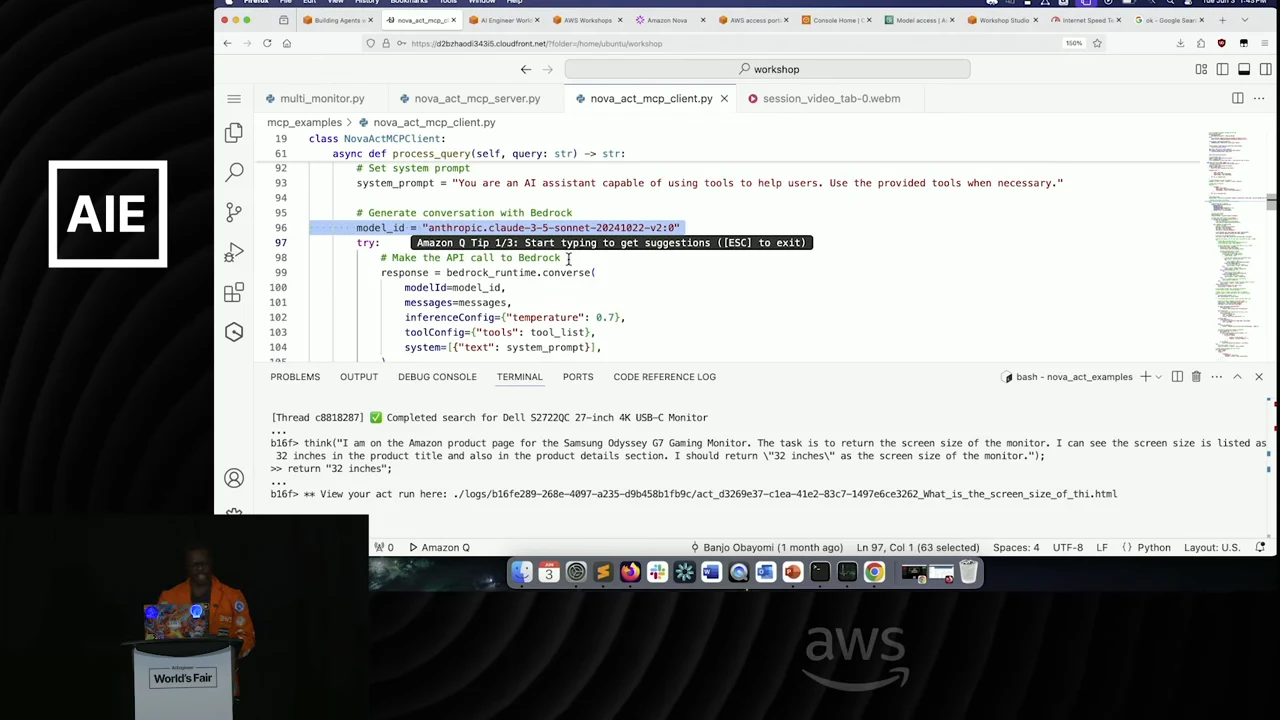 Code editor showing the MCP client’s query-processing function and Bedrock conversation call above terminal output from a monitor search.