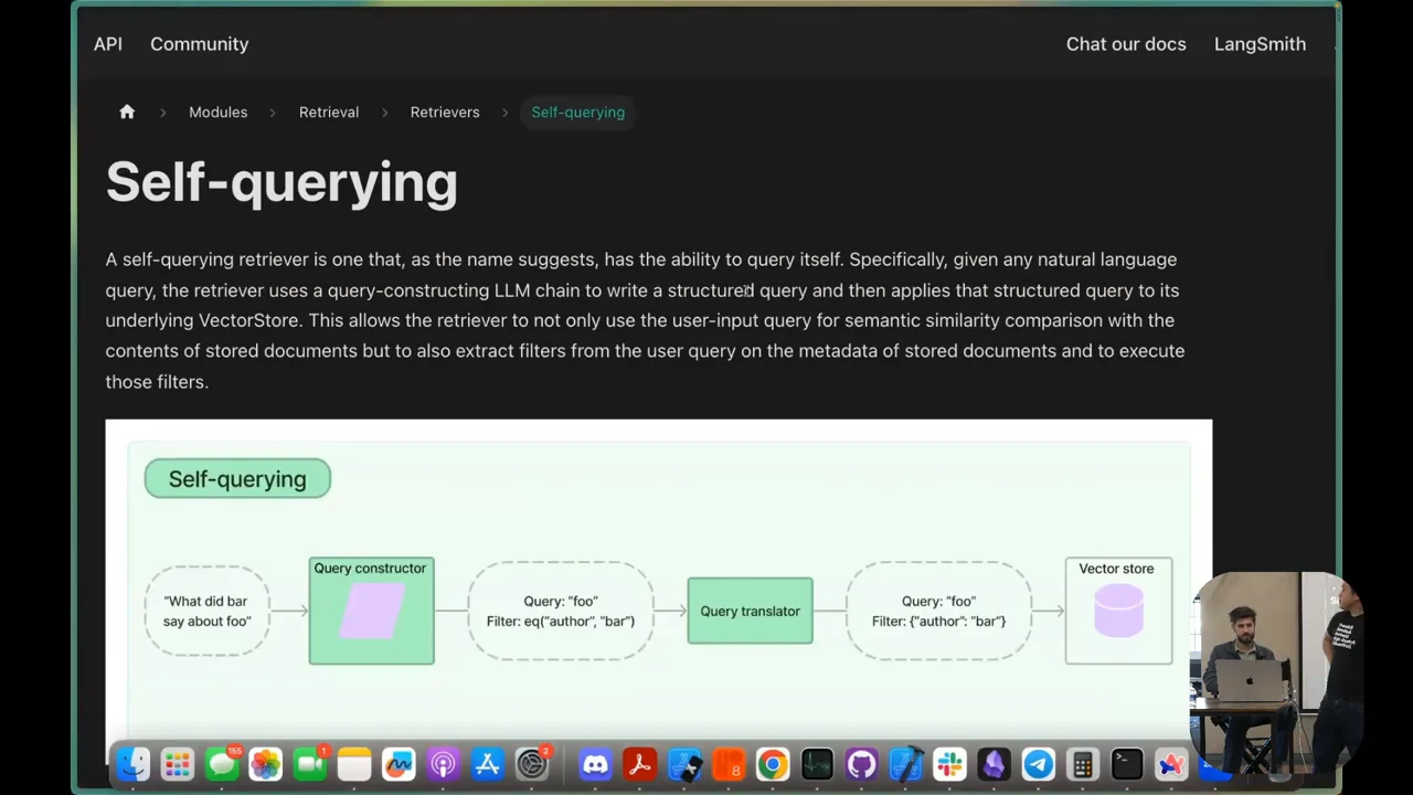 LangChain documentation showing a self-querying diagram with a query constructor, query translator, metadata filter, and vector store.
