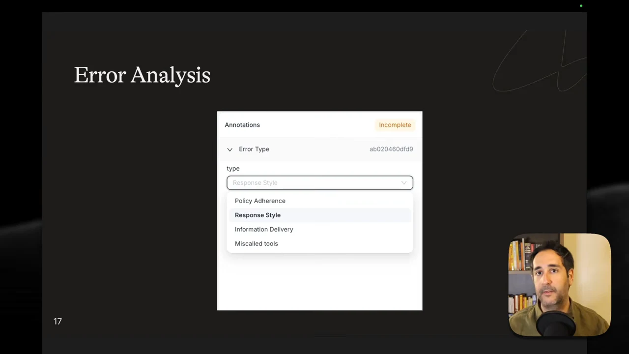 Error Analysis slide with an open annotation dropdown listing Policy Adherence, Response Style, Information Delivery, and Miscalled tools.