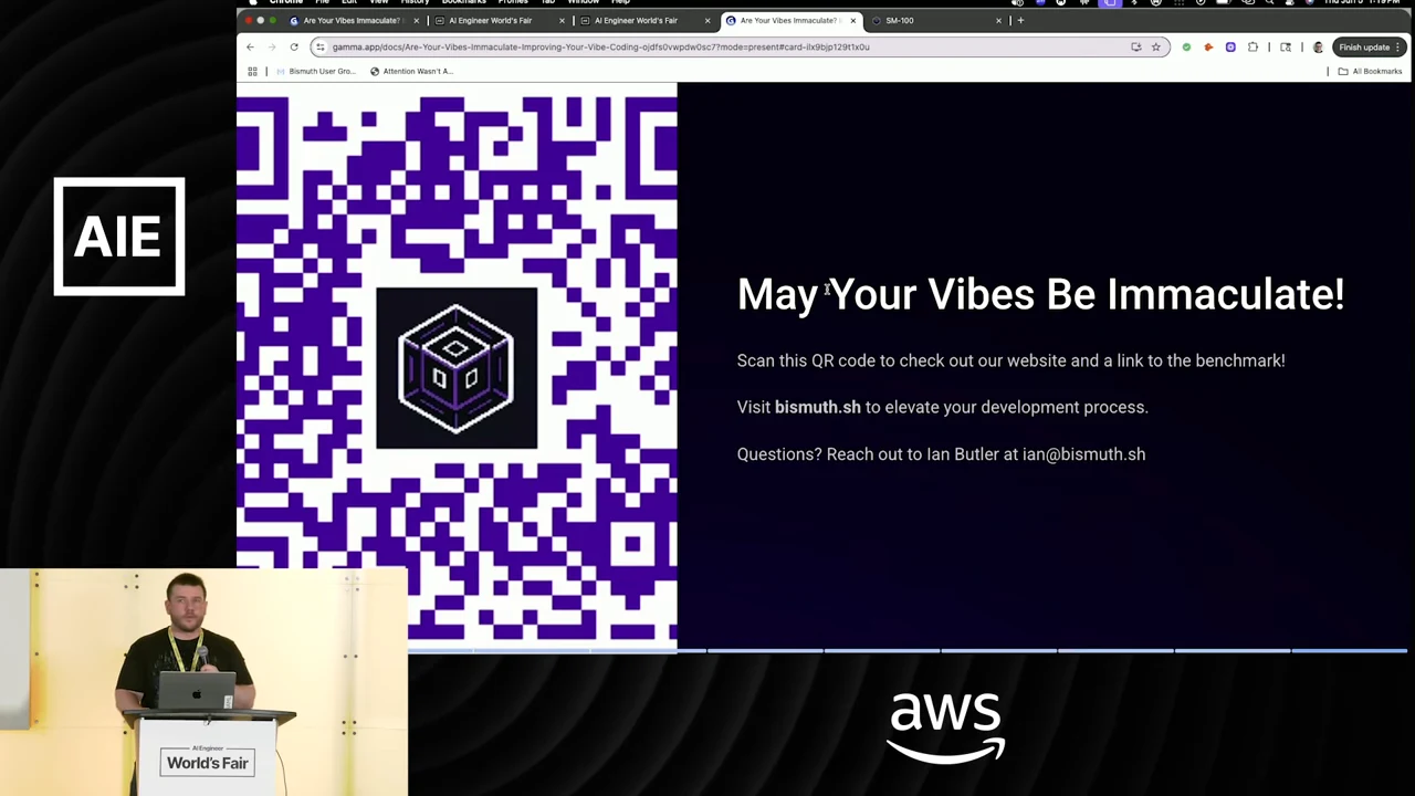 Closing slide titled “May Your Vibes Be Immaculate!” shows a large purple QR code, bismuth.sh, and contact information.