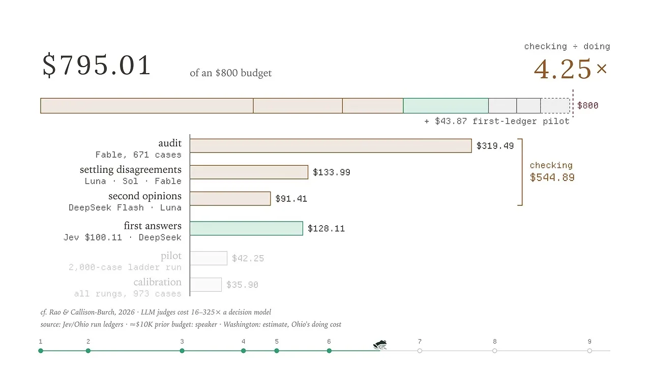 The itemized bars show $128.11 for first answers and $544.89 for checking, including audit, disagreement resolution, and second opinions; the total is $795.01 against an $800 budget.