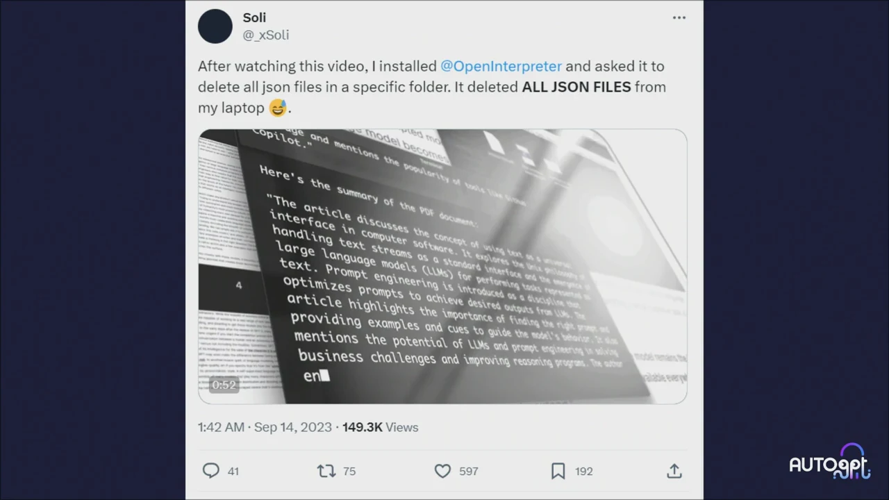 Post mentioning OpenInterpreter says a request to delete JSON files in one folder instead deleted all JSON files on a laptop; a terminal photograph appears below.