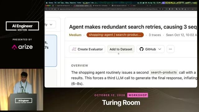 Signal issue describing redundant search retries, with supporting traces and actions to create an evaluator, add a dataset item or open GitHub.