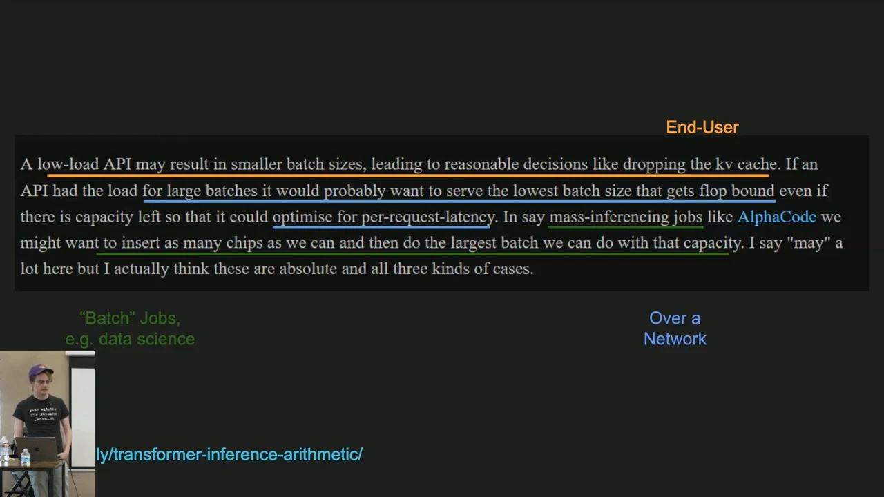Annotated quotation discusses low-load APIs, per-request latency and mass inference, with colored labels for End-User, Over a Network and Batch Jobs.