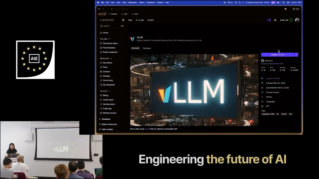 Runpod console showing the vLLM listing, a large vLLM image, navigation sidebar, repository details, and a purple Deploy button.