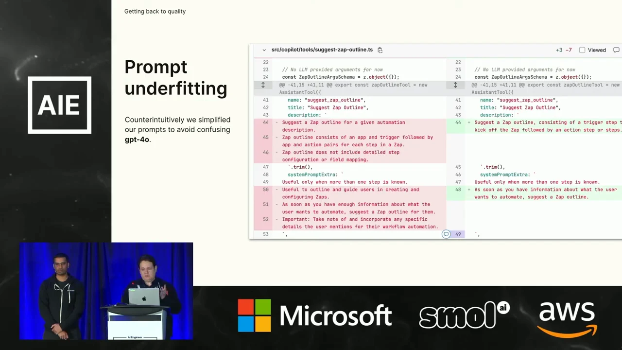 Prompt underfitting slide with a side-by-side code diff showing longer instructions removed and shorter instructions added.