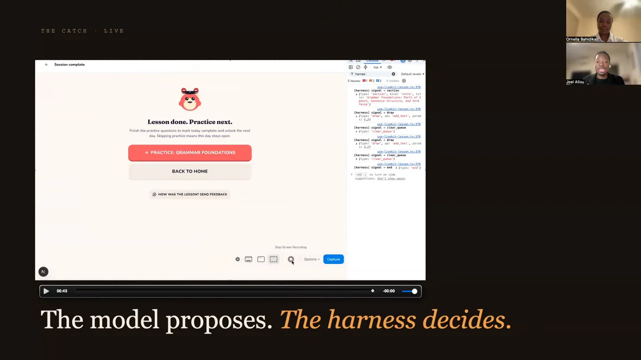Lesson completion screen with a “Practice: Grammar Foundations” button, a “Back to Home” button, and a developer console on the right. Below, the slide reads “The model proposes. The harness decides.”