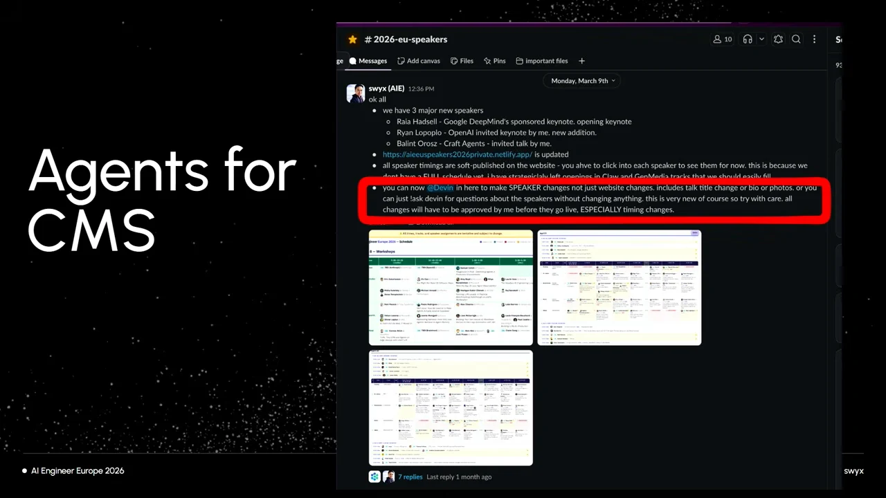 A Slack speaker-channel message above three schedule screenshots, with a red outline around instructions for requesting speaker changes through Devin.