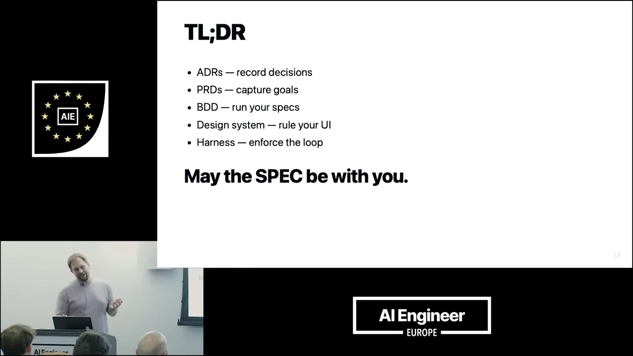 TL;DR slide lists recording decisions, capturing goals, running specs, ruling the UI and enforcing the loop, followed by May the SPEC be with you.
