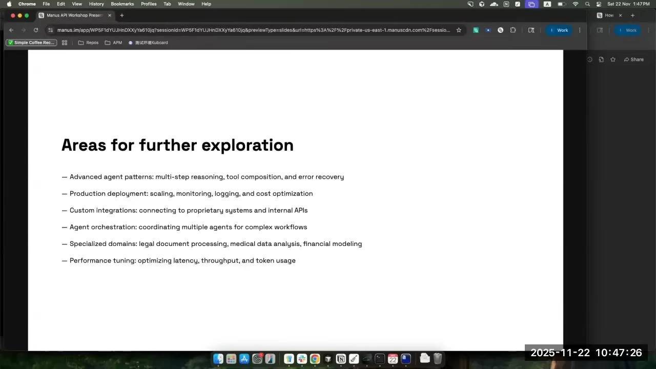 Slide listing advanced agent patterns, production deployment, custom integrations, orchestration, specialized domains, and performance tuning.
