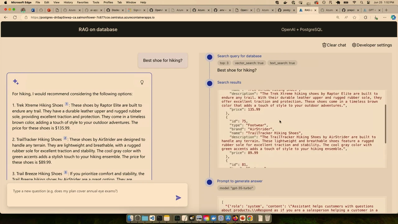 Product chat answering “Best shoe for hiking?” beside a trace showing the database query, search results and answer prompt.