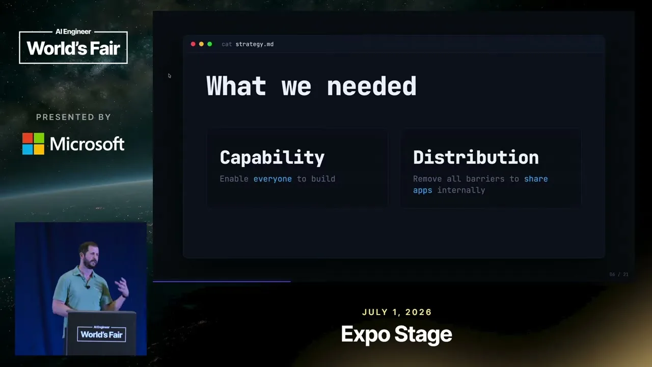 A slide pairs the need to build and ship an app with making it available to coworkers.