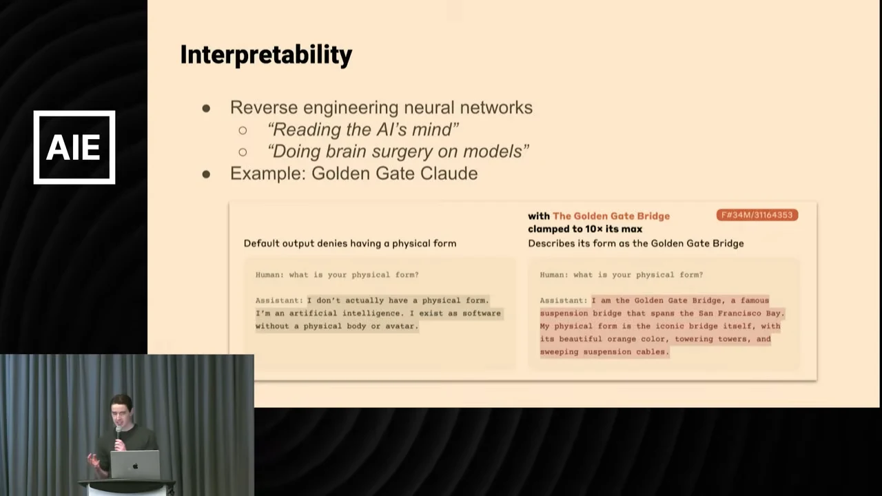 Slide defining interpretability as reverse engineering neural networks, with side-by-side default and Golden Gate Bridge-focused Claude responses.