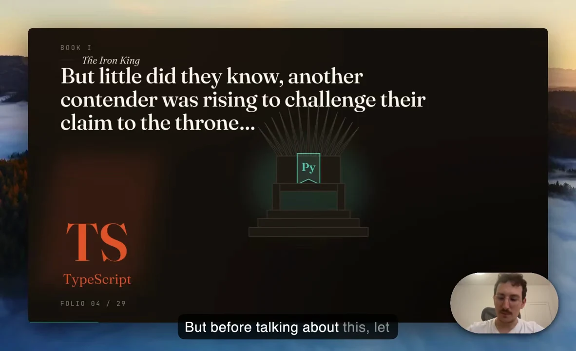 Slide showing Python on a throne and an orange TS TypeScript emblem beneath text introducing another contender.