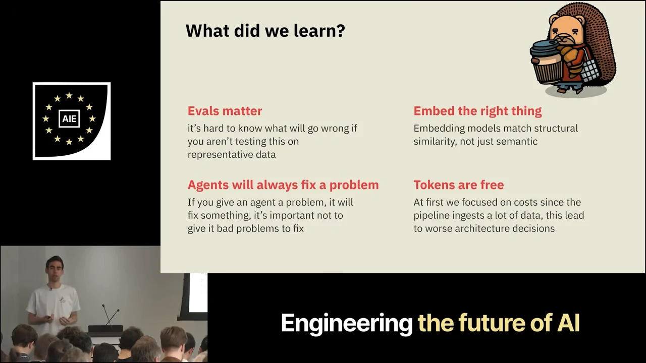 Slide titled “What did we learn?” contains four blocks: “Evals matter,” “Embed the right thing,” “Agents will always fix a problem,” and “Tokens are free,” with explanatory text and a hedgehog illustration.