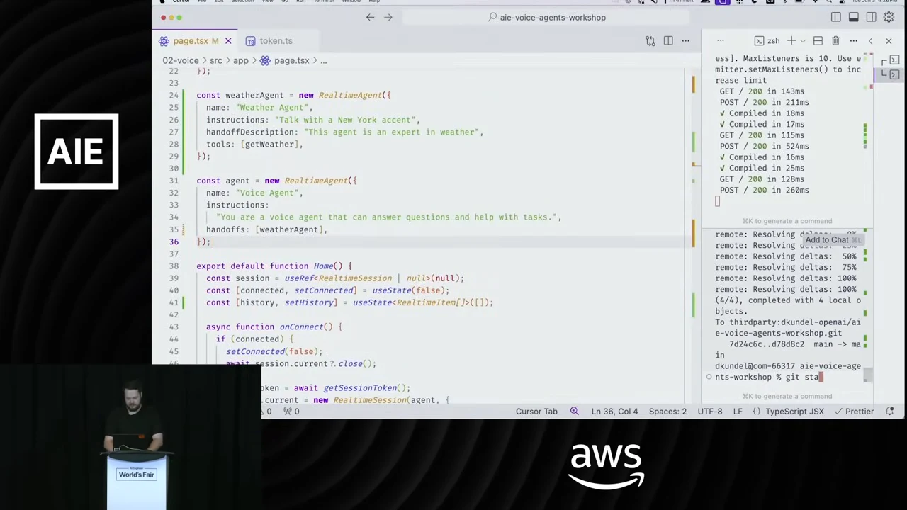 Code editor showing a Weather Agent with instructions and a weather tool, followed by a Voice Agent whose handoffs include the weather agent.