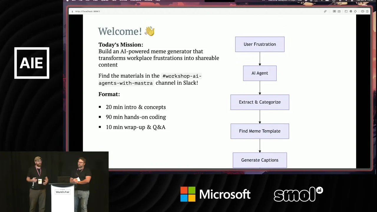 Welcome slide with workshop format and a flowchart from User Frustration through AI Agent, Extract & Categorize, Find Meme Template, and Generate Captions.