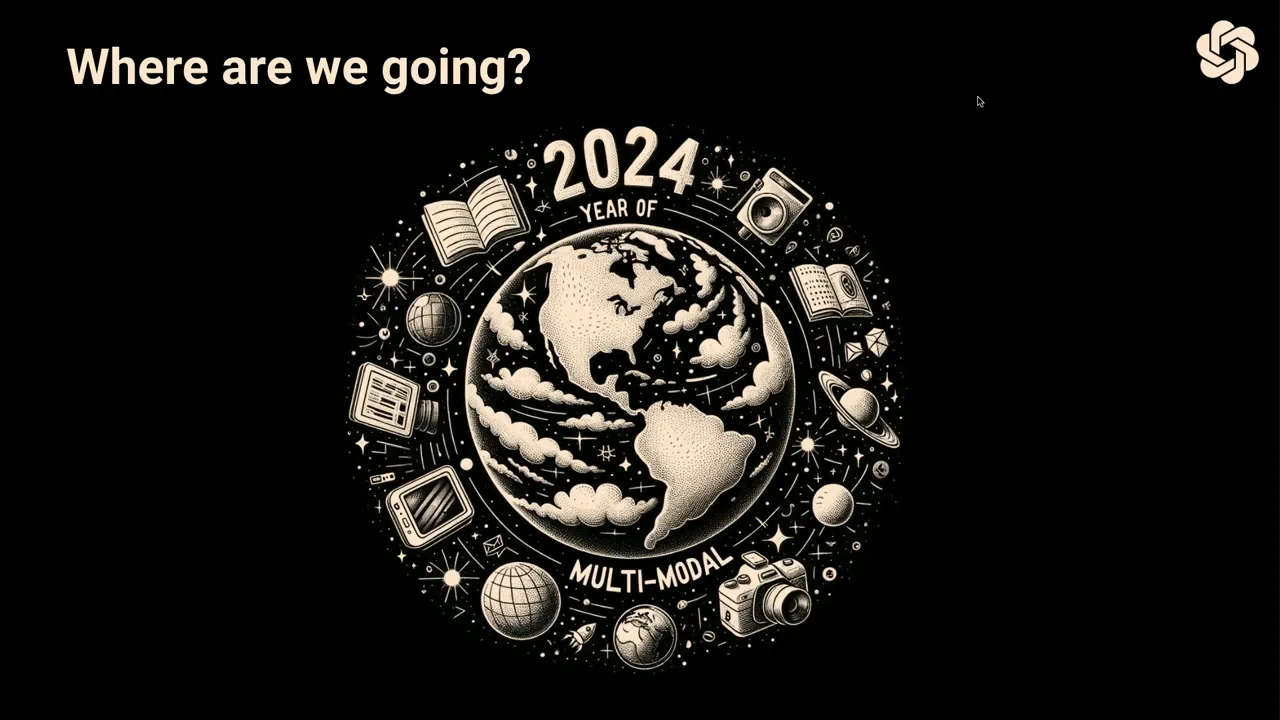 Black slide with a globe surrounded by books, cameras and screens, labeled “2024” and “MULTI-MODAL.”