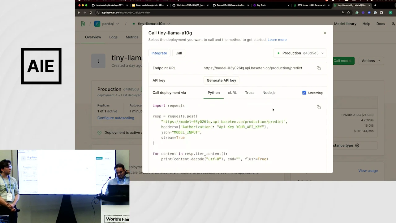 Baseten model-call dialog showing an endpoint URL, a Generate API key button, the Python tab, and a checked Streaming option above example code.