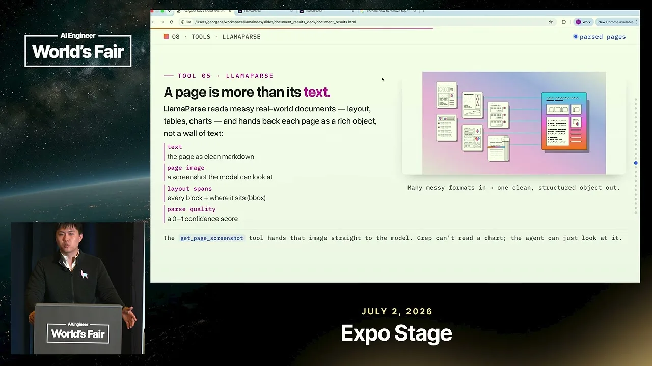 Selected presentation frame from Grep or Embeddings? Agentic Search Over Company Documents — George He, LlamaIndex at 840 seconds