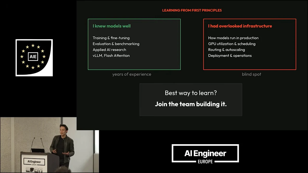 Two boxes contrast training, evaluation and AI research with production inference, GPU scheduling, routing and deployment. Below: “Join the team building it.”