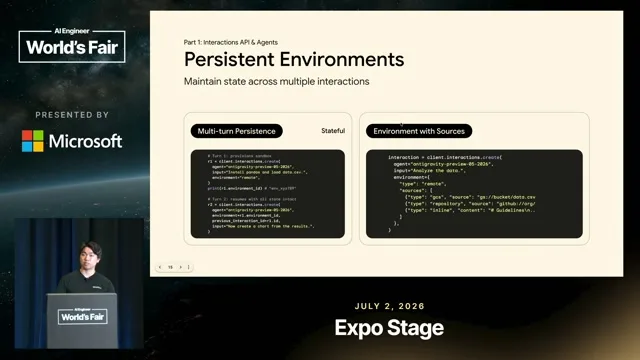 Separate interaction and environment IDs preserve conversation context and workspace contents; sources populate the sandbox.