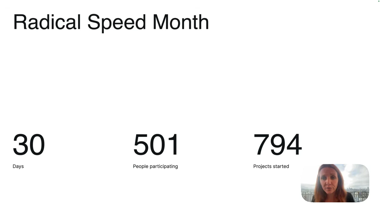 Slide titled “Radical Speed Month” with three figures: 30 days, 501 people participating, and 794 projects started.