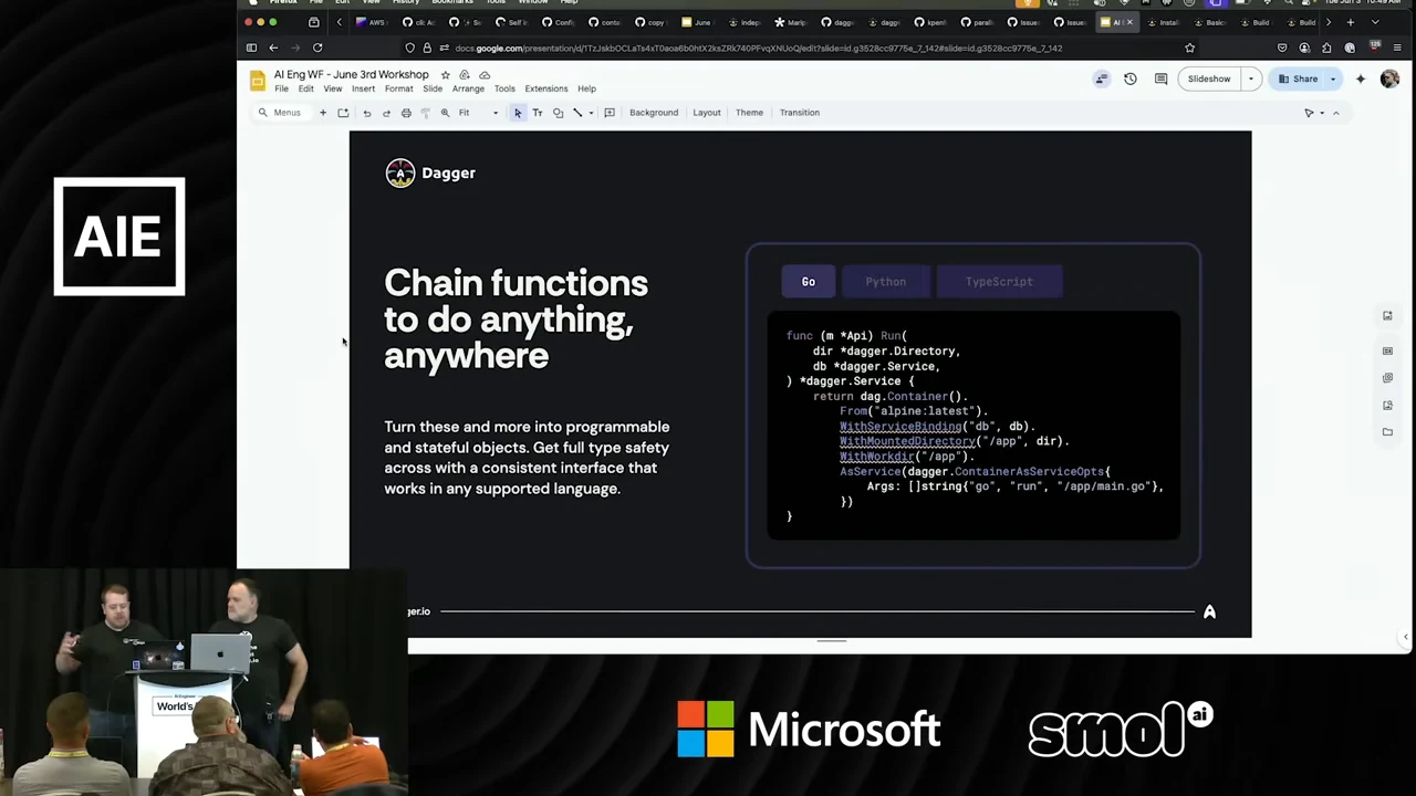 Dagger slide titled “Chain functions to do anything, anywhere,” beside a code example with Go, Python and TypeScript tabs.