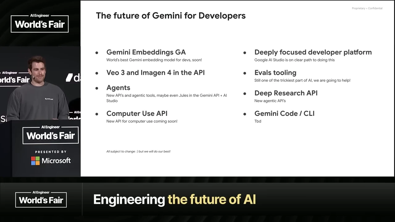 Slide titled “The future of Gemini for Developers” lists Gemini Embeddings GA, Veo 3 and Imagen 4 in the API, agents, Computer Use API, a deeply focused developer platform, evals tooling, Deep Research API, and Gemini Code / CLI.