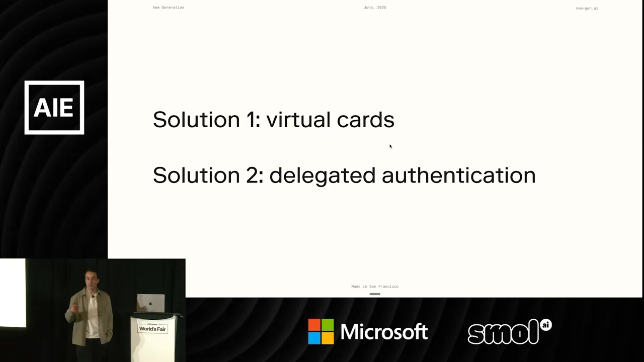 Slide listing “Solution 1: virtual cards” and “Solution 2: delegated authentication.”
