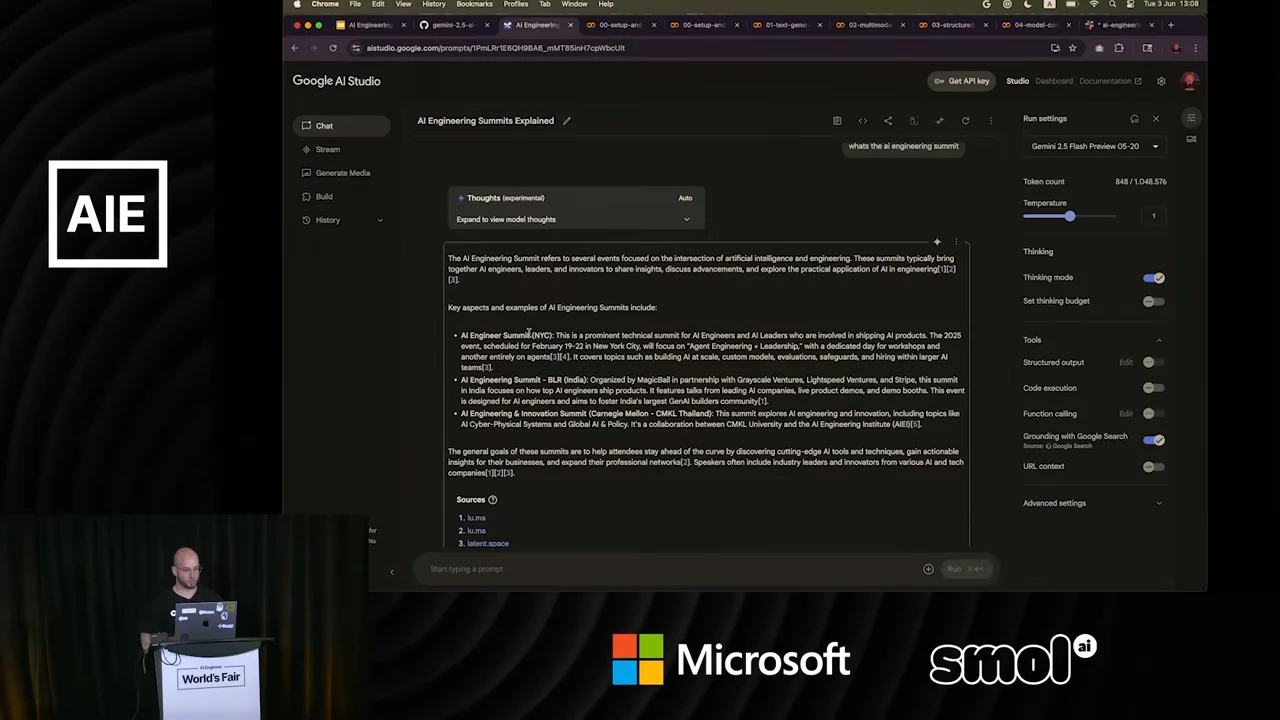 AI Studio conversation showing an AI Engineering Summit response, source links and a run settings panel.
