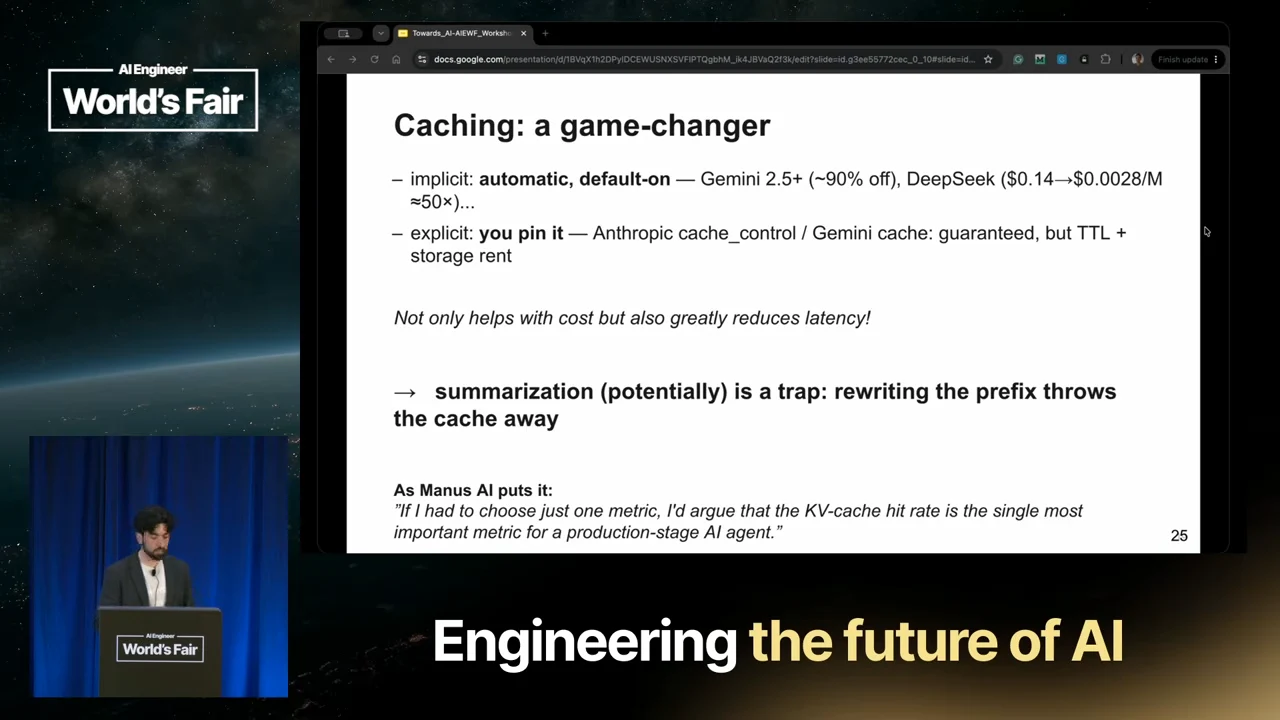 “Caching: a game-changer” slide contrasts implicit and explicit caching, notes cost and latency benefits, and warns that summarization can throw the cache away.