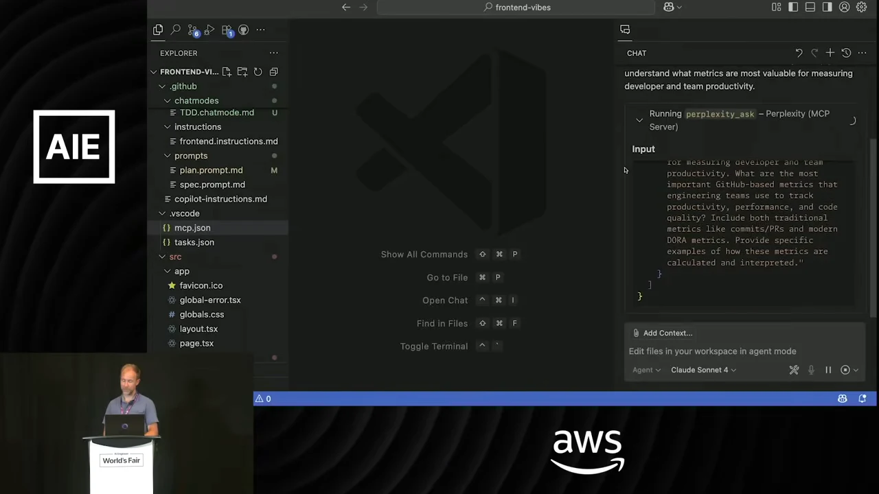 VS Code with Copilot chat showing a running perplexity_ask tool call and its expanded Input panel.