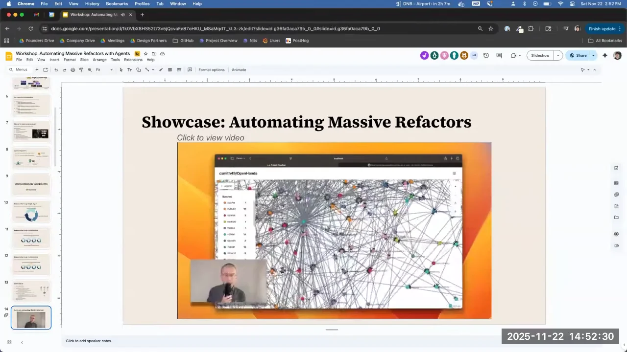 Embedded demo showing a dense network of connected colored nodes, a legend on the left, and a presenter inset.