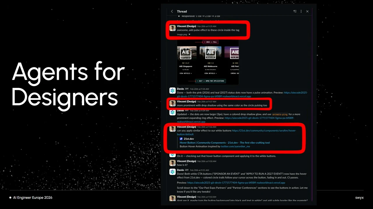 An “Agents for Designers” slide with ticket graphics and a Slack thread; three red outlines emphasize requests about visual effects.