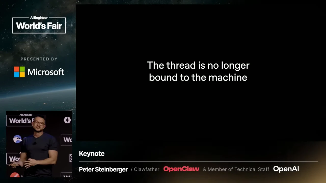 Black slide with centered white text reading “The thread is no longer bound to the machine,” alongside a small speaker inset.